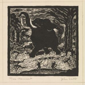  Black and white woodcut print by John Savio titled "Mammoth" on medium-thick laid paper depicting a large mammoth with prominent tusks in the center surrounded by smaller human figures with spears in a prehistoric-looking setting, rendered in a style that emphasizes strong contrasts and textural details.