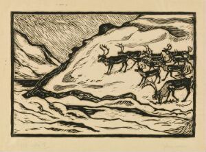  Woodcut print "April" by John Savio showing a stylized scene of reindeer moving through a snowy landscape with textured lines indicating wind and rough weather.
