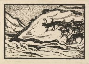  "April" by John Savio, a black and white woodcut print on paper, featuring a herd of reindeer traveling across a snow-covered landscape, with a sense of movement created by stark contrasting lines indicating harsh weather conditions.