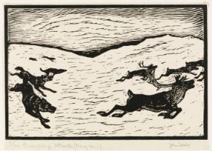  "Wolf and Reindeer I" by John Savio, a black and white woodcut print on medium thick wove paper showing two reindeer in mid-gallop, fleeing from a chasing wolf in an arctic landscape, with stylized wavy lines in the background suggesting wind or snowdrifts.