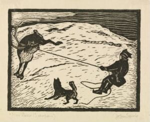  A woodcut print titled "Lasso" by John Savio featuring a person on skis attempting to lasso a reindeer, with a small dog in pursuit, set against a minimalist snowy landscape.