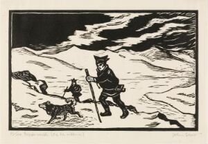  "Up to the Plateaux" by John Savio depicts a person in winter attire ascending a snowy plateau with two dogs, using bold black and white contrasts with dynamic line work illustrating movement and swirling cloud patterns in the background.