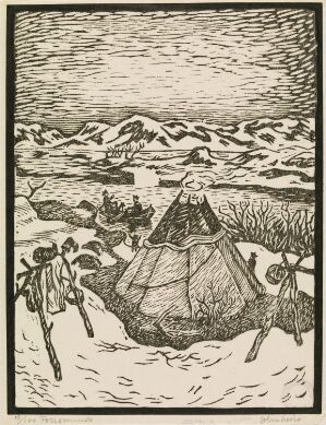  "Almost Summer," a monochromatic woodcut by John Savio, featuring a group of indigenous people around a Sámi lavvo in a transitioning northern landscape, with intricate linework illustrating the merge of winter snow and the onset of summer.