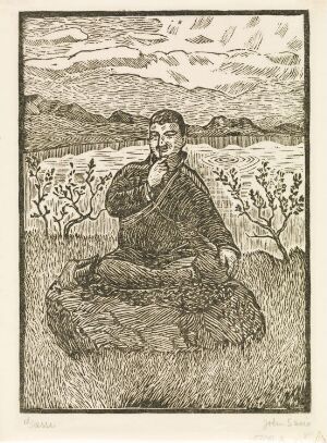  "Sommer" by John Savio, a monochromatic woodcut print on paper depicting a calm person sitting on a rock, surrounded by summer vegetation with rolling hills and cloudy skies in the background.