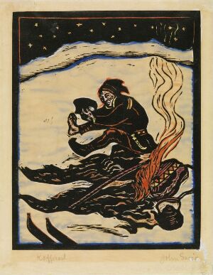  "Coffee Break I" by John Savio, a hand-colored woodcut showing a solitary figure sitting on snow, warming a pot over a fire with orange and yellow flames, against a backdrop of a dark blue night sky peppered with white stars.