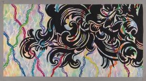  "Mercedes Benz" by Tove Pedersen, a woven tapestry with a neutral grayish background and vibrant, colorful wavy lines intersecting a bold, black swirling pattern with white highlights, crafted in gobelin tapestry technique.