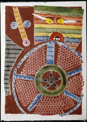  "Vikings" by Rolf Nesch is a color metal print on paper featuring an abstract composition with a prominent, patterned red and blue shield at the center, an elongated orange and brown figure to the left, and a background of horizontal yellow, green, and red stripes. The piece has a modernist, expressive feel with a strong use of bold colors and graphic elements.