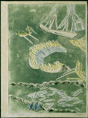  "Herring Catch" by Rolf Nesch, a color metal print on paper featuring a muted green sea with a white sailing boat, a net full of yellow fish being gathered by stylized figures, and a blue and white buoy on wavy water.