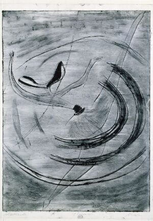  "Dancer" by Rolf Nesch, an abstract monochrome artwork on paper using drypoint technique, featuring swirling black lines on a muted grey background that evoke the sense of a dancing figure amidst movement.