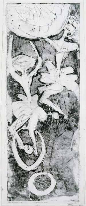  "Acrobats," a monochromatic etching by artist Rolf Nesch, features a vertical sequence of abstract, stylized figures on paper, suggesting a dynamic and textured portrayal of acrobatic movement in a palette of blacks, greys, and whites.