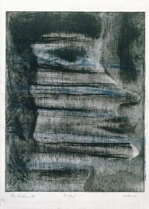 Abstract fine art piece by Rolf Nesch titled "Head," featuring a moody, textural representation of a head with horizontal lines and shades of blue and black on a paper surface.