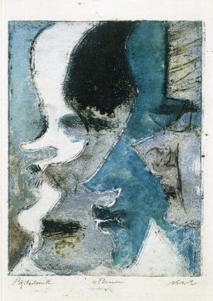  "Four Women" by Rolf Nesch, an abstract fine art piece with a blend of cool blues and greens, featuring forms that may suggest human profiles embossed and etched onto paper with a mysterious, textured appearance.