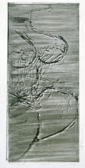  An abstract etching titled "Seated Woman" by Rolf Nesch, with various shades of gray portraying an impression of a seated female figure, characterized by expressive, swirling etched lines on a vertically oriented paper, featuring blind embossed textures.