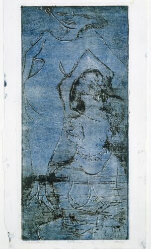  An abstract fine art etching titled "Two Women" by Rolf Nesch featuring fluid shapes in deep blues and blacks forming the suggestively outlined figures of two women, set against a stark white background, creating a strong visual contrast with a textured and organic feel.