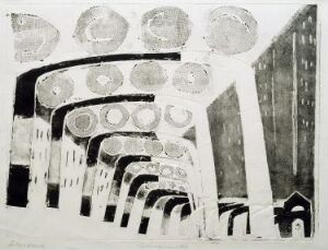  Abstract metal print on paper by Rolf Nesch, "Elevated Bridge, Rödingsmarkt," featuring monochromatic shades of black, white, and gray capturing the essence of an urban bridge with a series of arches and circular forms, set against the backdrop of buildings in varying sizes, creating a sense of depth and architectural rhythm.