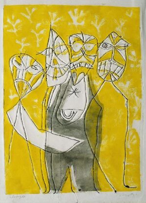  "Philistines" by Rolf Nesch, an abstract fine art print featuring a stylized, multi-headed figure on a lemon yellow background, with white lines and patterns that create a sense of connection and expressiveness.