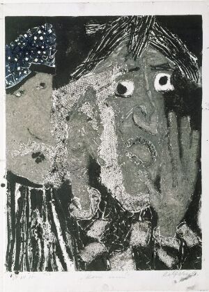  Abstract monochromatic print titled "Come in!" by Rolf Nesch, depicting an expressive human-like figure with intense white eyes and a textured, patchy complexion, accented by a patterned area resembling a hat with a starry motif, set against a nuanced grey background.
