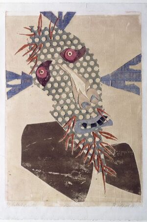  A fine art print by Rolf Nesch titled "Saint," depicting an abstract and expressionist style saint figure with a patterned gray dotted face, highlighted by pinkish-red eyes with concentric circles and a radiant halo of colorful, elongated forms. The figure is set against a light background and wears a deep brown garment, emphasizing an ethereal yet grounded presence.