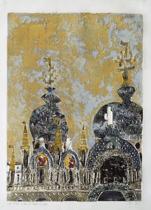  "San Marco," a color metal print on paper by artist Rolf Nesch, featuring an abstract design with a gold textured background and a central depiction of what appears to be two dark candelabra-like forms with intricate patterns in blue, black, and white. Enhanced by bright red and blue accents towards the bottom, evoking a stylized sense of opulent architecture or decoration.