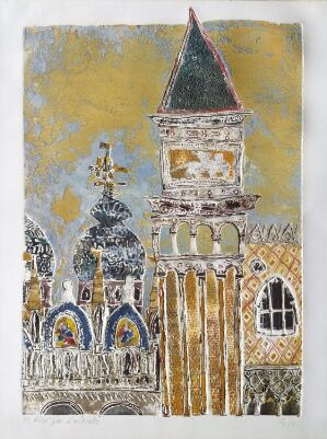  Fine art print "San Marco" by Rolf Nesch, featuring an abstract rendering of architectural elements in pastel and earth tones with dominant shades of yellow and beige. The artwork includes a tower with a dark patina roof, detailed arched windows, and mosaic-like decorations, all rendered through a textured metal print technique on paper.