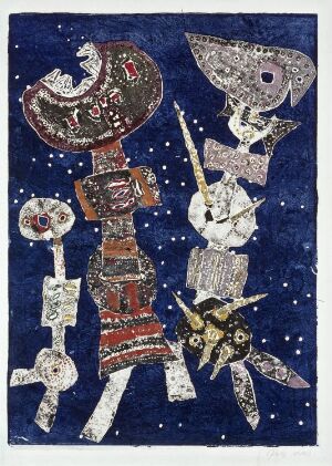  Abstract visual art piece by Rolf Nesch titled "Dance" on thick wove paper, depicting two stylized figures in a lively dance against a starry, deep blue background. The left figure features earth-toned patterns, while the right figure is adorned with silvery white and gray decorative elements, both under a constellation of small white specks.