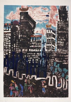  "Trinity Church" by Rolf Nesch, a colorful metal print on paper depicting an abstract cityscape with a group of abstract human figures in the foreground and the silhouette of a church with a tall spire in the background, set against a sky with swirling patterns of pink, blue, and white.