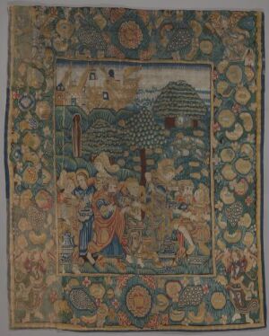  A handwoven textile artwork titled "Lot og hans døtre" by an unknown artist, executed in gobelin tapestry technique with linen warp and wool and silk weft. The piece shows a scene with mountainous landscapes and three figures set inside a richly decorated border filled with circular motifs and intricate patterns in various colors, with a pastel blue sky above. Outer edges display repetitive geometric and floral designs.