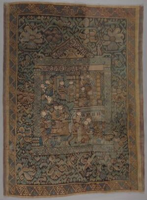  An aged textile artwork titled "Den forlorne sønn" by an unknown artist, featuring a central narrative scene framed by rich, intricate borders of foliage and floral patterns in muted earthy tones, handwoven using traditional gobelin tapestry techniques with wool, silk, or flax yarn.