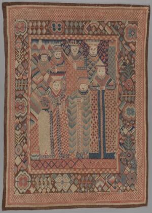  Handwoven textile piece titled "Kong Salomos visdom," crafted with linen and wool yarns in gobelin tapestry technique, featuring historical or cultural motifs that reflect the wisdom of King Solomon. Created by an unidentified female artist.