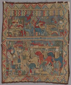  "Hellige tre konger," a traditional handwoven tapestry by an unidentified female artist, depicting historical or biblical scenes with human figures, animals, and buildings across two horizontal bands, framed by intricate geometric and floral borders in red, blue, beige, and green.