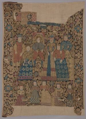  A handwoven tapestry titled "Kong Salomos visdom" by Karen Pedersdatter featuring an aged tableau with figures in historic or biblical attire, set against a light beige background with ornate floral and geometric borders. Colors include deep blues, warm reds, muted greens, golden yellows, and dark outlines. The artwork is masterfully crafted in gobelin technique, involving wool, metallic threads, and possibly silk.