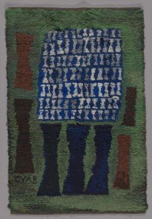  "Merja" - A textile design by Eva Brummer, featuring a central field of blue squares on a green textured background surrounded by abstract vertical forms in earthy tones of red, brown, and dark green, handwoven with wool and cotton.