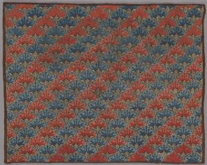  "Skybragd" - a hand-woven textile by an unidentified female artist with intricate alternating diagonal stripes of stylized red and blue flowers, showcasing the traditional craft of weaving with linen and wool yarns.