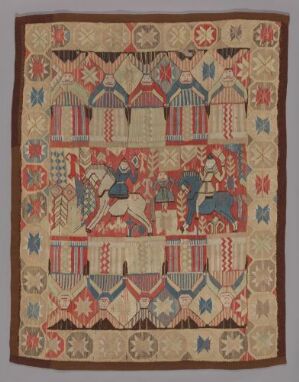  A handwoven tapestry titled "De 5 kloke og de fem dårlige jomfruer" by an unidentified woman artist, featuring a series of figures in various clothing styles and patterns, set within a background of rich reds, blues, and neutrals. The piece has a historical or religious narrative feel, with meticulous patterns and decorative motifs filling the composition.