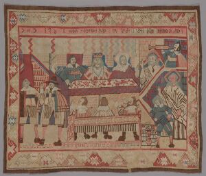  A woven textile titled "Bryllupet i Kanaan" by an unidentified artist. The scene shows multiple figures around a long table, decorated with plates and cups, possibly at a historical or biblical event. The colors are muted with reds, beiges, blues, and browns, and there are ornate borders with symmetric designs.