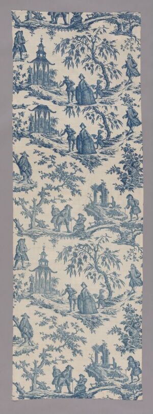  "Lethe, or Aesop in the Shades," a hand-pressed, plate-printed textile design on handwoven linen and cotton fabric. The pattern features classical scenes in deep blue on an off-white background, with images suggestive of Aesop's Fables depicted in a Greco-Roman setting by an unknown artist.