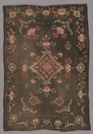  A traditional textile or rug with a deep brown background featuring an ornate central diamond-shaped motif with concentric floral patterns in shades of pink, red, and green, surrounded by symmetrical floral motifs and framed by a delicate border. The colors are rich yet harmonious, suggesting a piece with historical or cultural significance. Artist name and title are unknown.