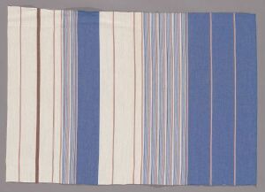  Machine-woven textile by Solberg Spinderi A/S, featuring vertical stripes in periwinkle blue and muted beige, cream, and off-white. The fabric is made of cotton, linen, and viscose with a plain weave construction.