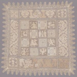  An antique-looking square textile piece with a muted beige background, showcasing a central 4x4 grid of various darker beige designs featuring animals and floral patterns, surrounded by an ornate decorative border.