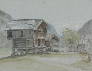  "Fra Nordre Dalen" by Hermann Schirmer, a pencil and watercolor illustration on colored paper depicting a rustic wooden house and outbuilding with steep, sloping roofs set against an overcast, mountainous backdrop with subtle greenery.