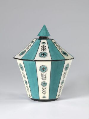  A hand-painted stoneware porcelain decorative object designed by Nora Gulbrandsen, with an octagonal base and a pyramid-shaped lid, predominantly in soft turquoise with white and muted green motifs.