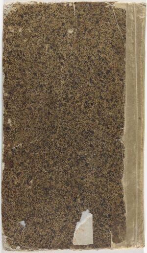  A tall, narrow photograph of an ancient sketchbook titled "Skissebok" with a worn, brown mottled cover and beige spine, showing signs of age and usage with a torn bottom right corner.