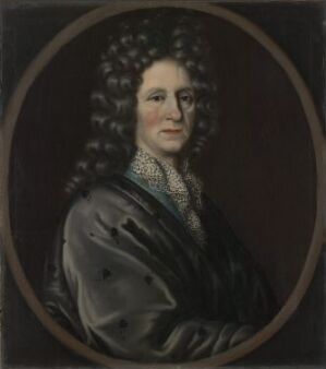  Oil painting on canvas titled "Sorenskriver Jens Bertelsøn Leegaard" by an unidentified artist, depicting an older gentleman with shoulder-length curly hair, wearing a black robe with a broad lace collar, set against a dark background in an oval frame.