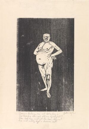 
 Woodcut print titled "Gunnar Heiberg" by Gustav Vigeland, showing a confidently posed, full-bodied man with his hands on his hips against a dark background, with contrastingly bright rendering of the figure and handwriting-like script at the bottom.