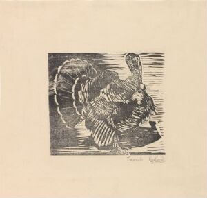  Woodcut print "Kalkun" by Gustav Vigeland on paper, featuring a monochromatic depiction of a turkey in profile, with its feathers detailed in intricate black lines set against a stark white background, demonstrating dynamic texture and form.