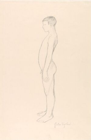  A lithograph by Gustav Vigeland titled "Stående naken gutt sett fra siden," depicting a standing, side-profile of a naked young boy with relaxed posture, created with delicate gray lines on creamy paper, signed by the artist at the bottom right.