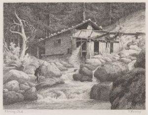  Monochromatic etching by Thomas Fearnley depicting a wooden cabin in a valley, surrounded by large boulders and a smooth stream, showcasing the artist's skill in using light and shading to create a serene but rugged landscape scene.