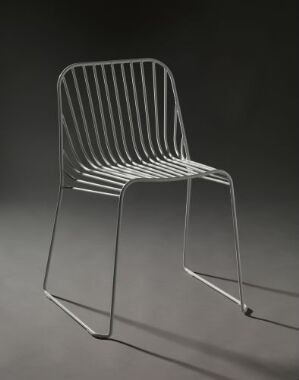  "Spline" by Offect Ab - A modern plastic-coated steel chair with a minimalist design of vertical bars forming the seat and backrest, set against a dark background.