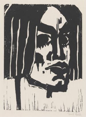  "Head of a Woman III" by Emil Nolde, a woodcut print featuring a stylized, abstract portrait of a woman with black vertical lines for hair, dark eyes, a wedge-shaped nose, and distinct lips, all set against a plain white background, highlighting the stark contrasts and the intense expression of the figure.