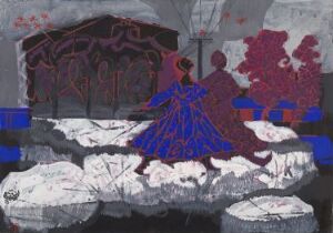  "Railway Station" by Arne Ekeland, a fine art piece on paper showing an abstract scene with a dark building in the background and a lone figure in bright blue in the foreground, surrounded by fragmented white and gray shapes and vivid red and purple organic forms, all employing gouache paint technique.